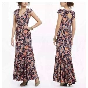 ANTHROPOLOGIE LEIFSDOTTIR Floral Navy Mermaid Silk Maxi Dress Size 10